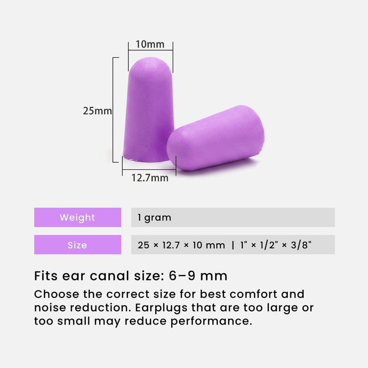 LYSIAN ultra-soft foam earplugs showing size dimensions, lightweight 1g design, fits 6–9mm ear canals