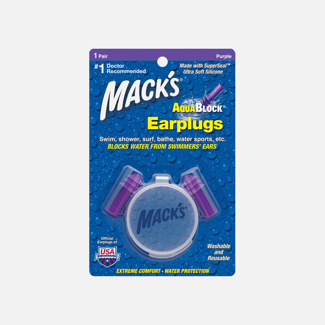 Mack's AquaBlock purple swimming earplugs in 1-pair blister packaging with a round carrying case