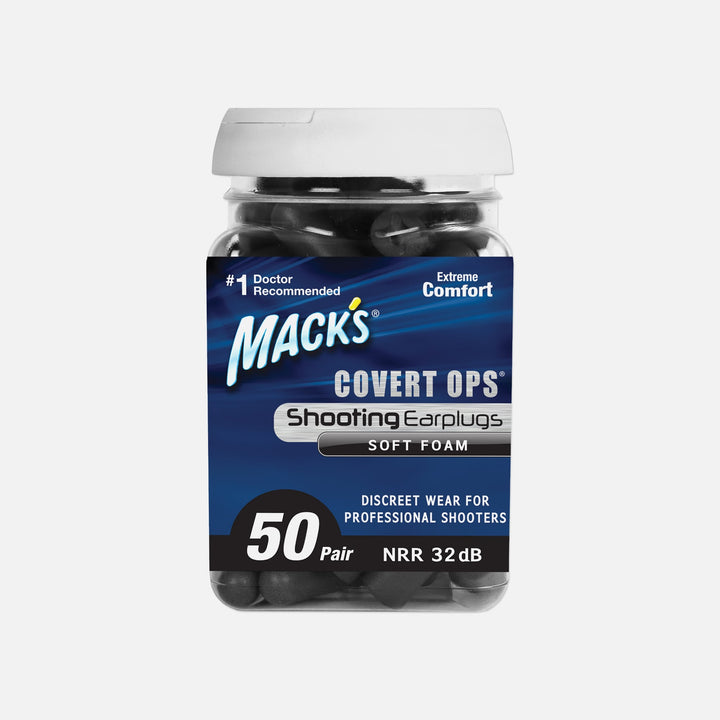 Mack's Covert Ops Soft Foam Shooting Earplugs 50 pair jar NRR 32 dB black tactical hearing protection