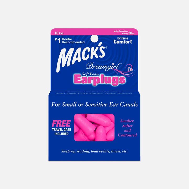 Mack's Dreamgirl Soft Foam Earplugs, 10 pairs, with free travel case, designed for small or sensitive ear canals, NRR 30 dB.