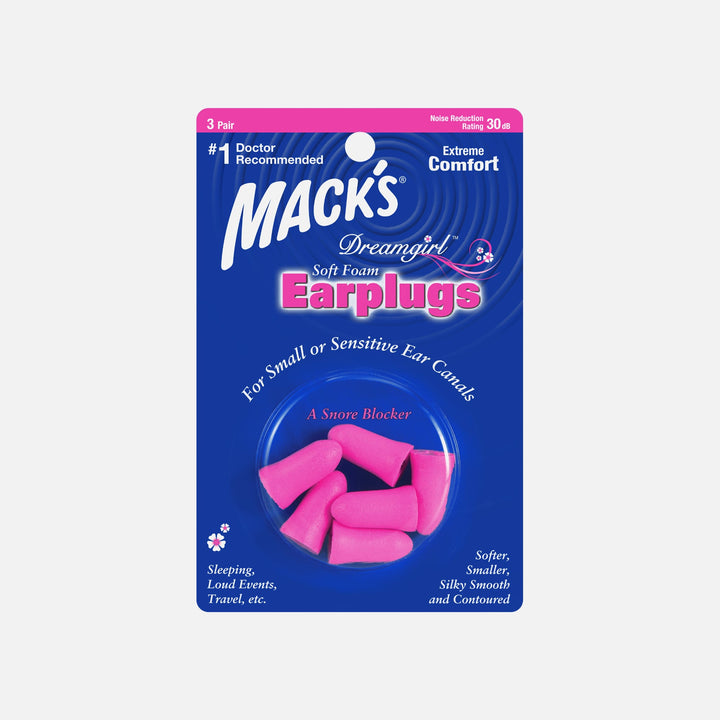 Mack's Dreamgirl Soft Foam Earplugs, 3 pairs, pink, for small or sensitive ear canals, packaged in a compact retail card with NRR 30 dB.