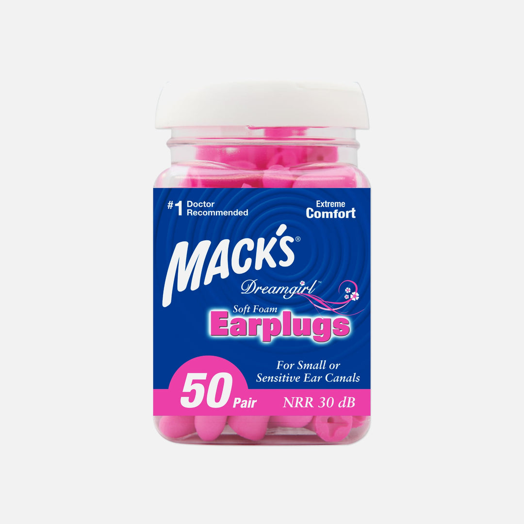 Mack's Dreamgirl Soft Foam Earplugs, 50 pairs, pink, for small or sensitive ear canals, NRR 30 dB, extreme comfort.