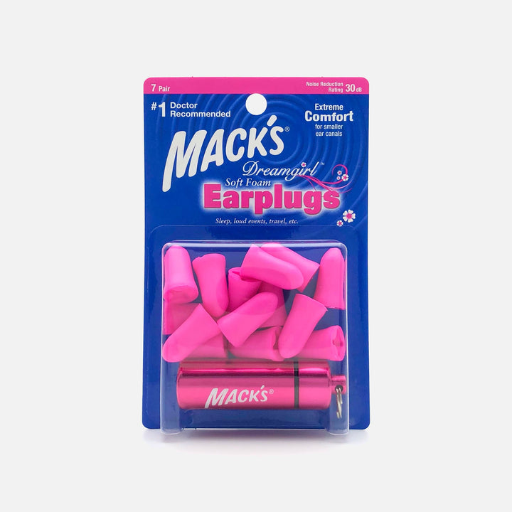 Mack's Dreamgirl Soft Foam Earplugs package containing 7 pairs of pink earplugs and a pink aluminum travel case.