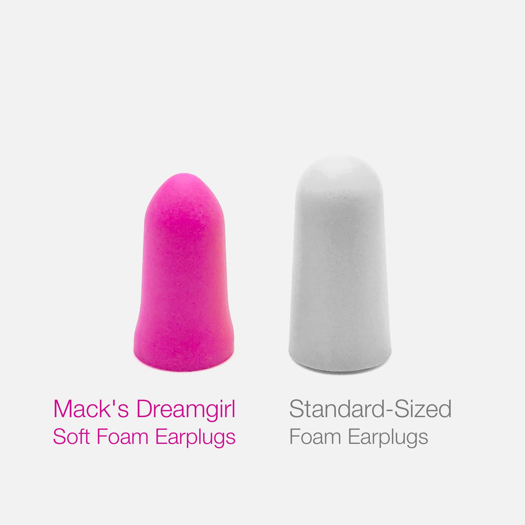 Size comparison of Mack's Dreamgirl Soft Foam Earplugs and standard-sized foam earplugs, highlighting smaller design.