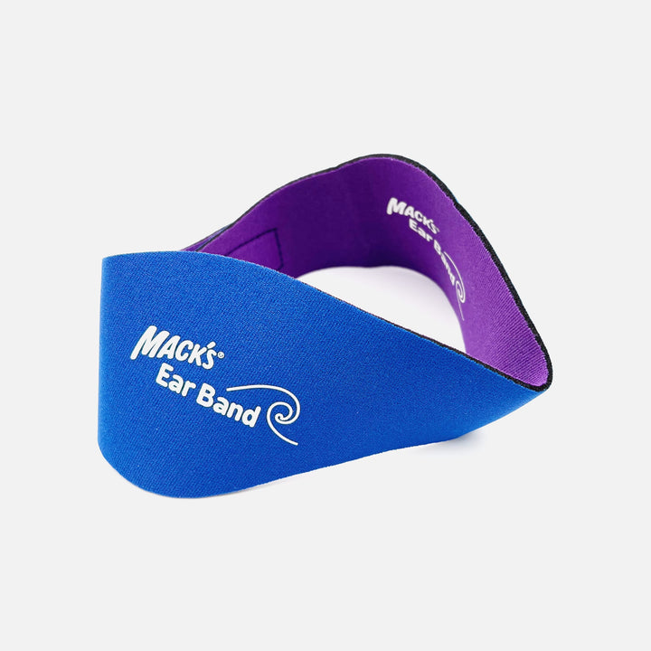 Mack's blue and purple reversible swimming headband shown curved to display flexibility and interior lining