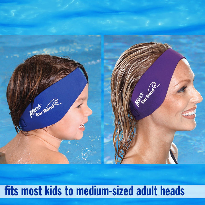 Mack's Ear Band swimming headband shown on child and adult, fits most kids to medium-sized adult heads