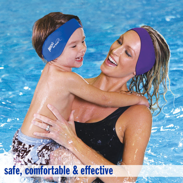 Mother and child wearing Mack's Ear Band swimming headbands in pool, showing safe and comfortable use during water play