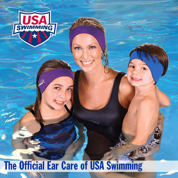 Family wearing Mack's swimming headbands in pool, endorsed by USA Swimming as official ear care product