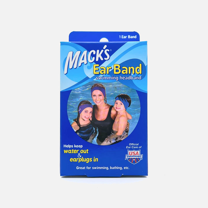 Front packaging of Mack's Ear Band reversible blue swimming headband, designed to keep water out and earplugs in