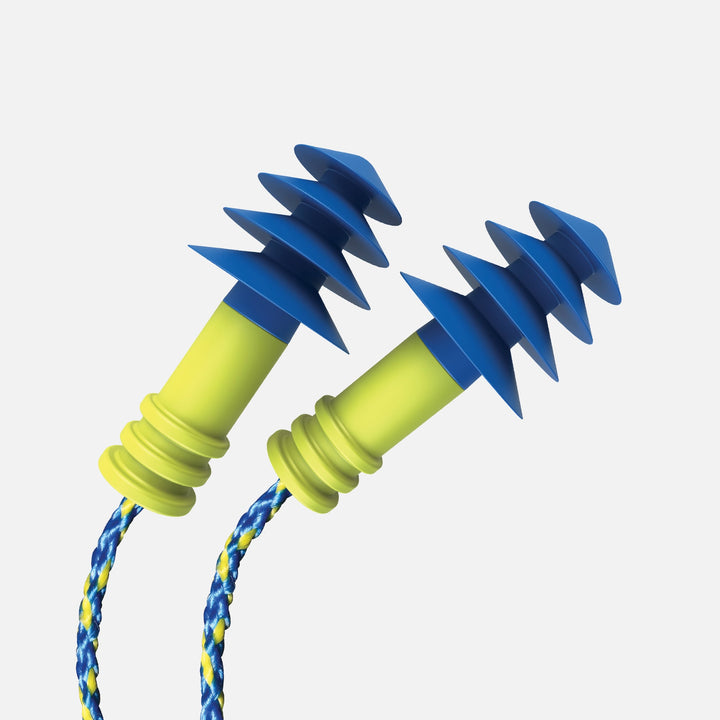 Close-up of Mack's Ear Seals dual-purpose earplugs with blue flanges, yellow core, and detachable braided cord for noise and water protection.