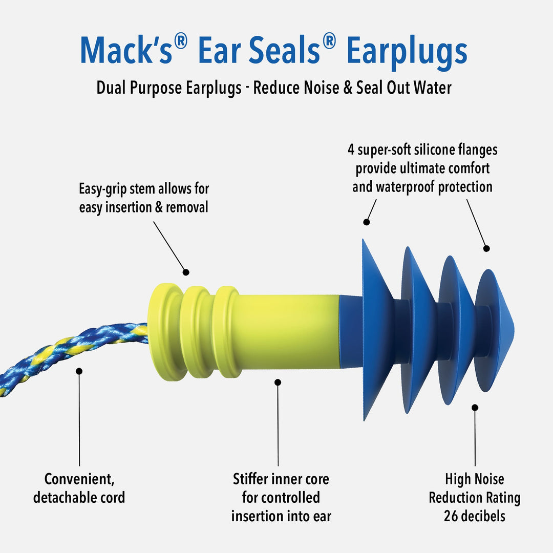 Mack's Ear Seals earplugs features diagram highlighting soft silicone flanges, stiff inner core, detachable cord, and 26 dB noise reduction.