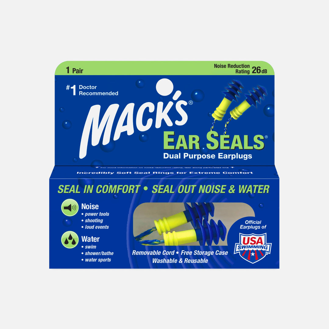 Mack's Ear Seals dual-purpose earplugs for noise and water protection, featuring removable cord, storage case, and 26 dB NRR.