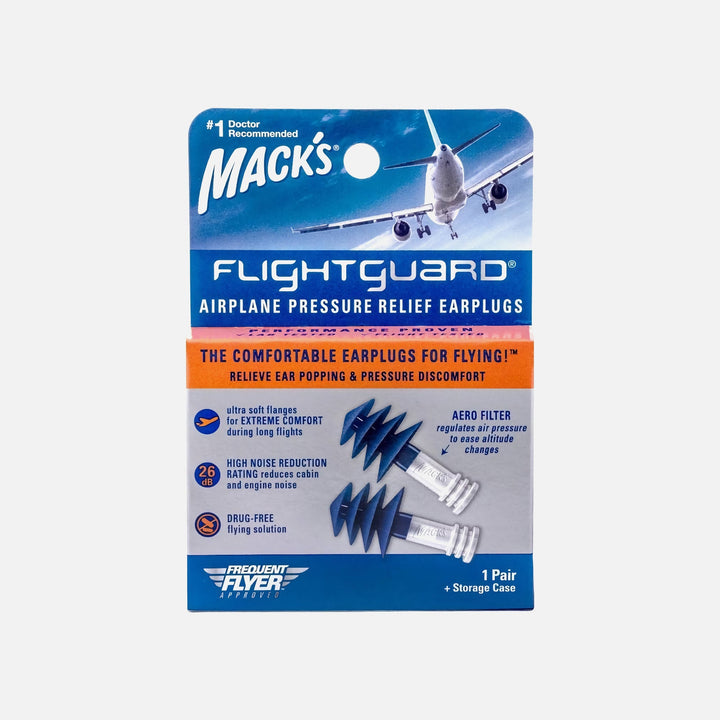 Mack's Flightguard Airplane Pressure Relief Earplugs with soft flanges, Aero Filter, and storage case for comfortable flying.