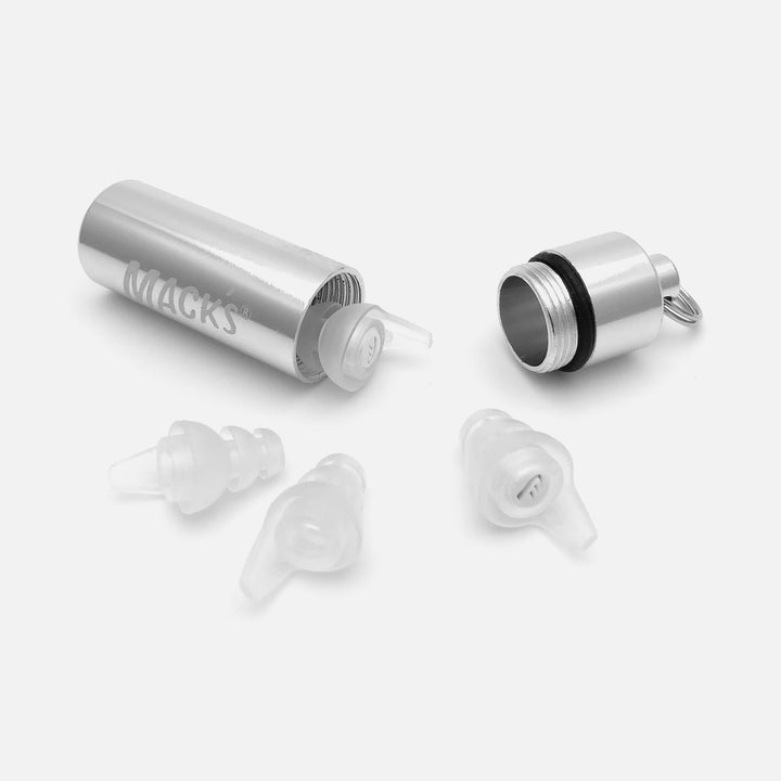 Mack's Hear Plugs High Fidelity Earplugs with aluminum travel case, showing earplugs, filters, and interchangeable tips.