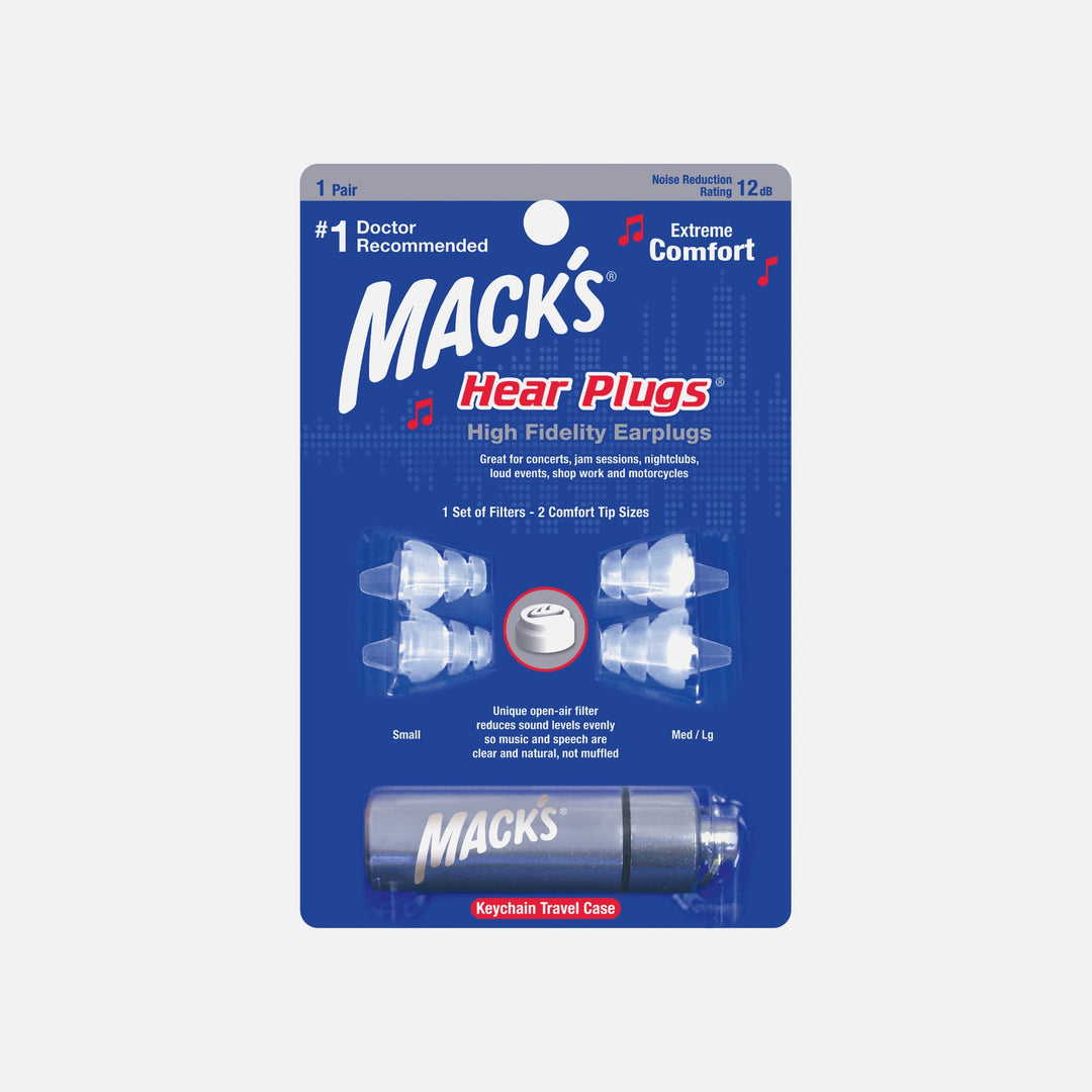 Mack's Hear Plugs High Fidelity Earplugs with travel case, offering clear sound and noise reduction for loud environments.