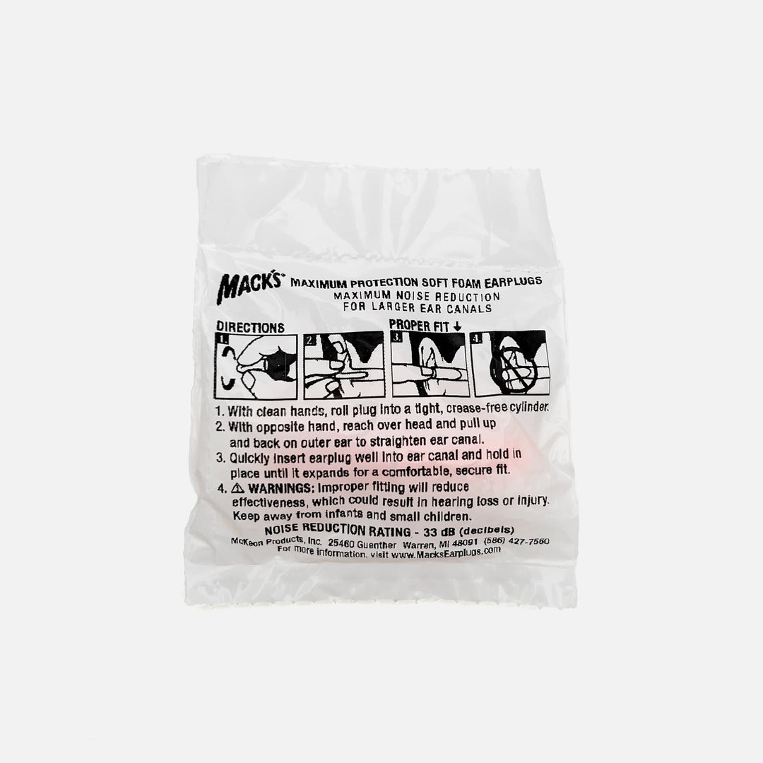 Single pair of Mack's Maximum Protection Soft Foam Earplugs in sealed packaging with fitting instructions and 33dB NRR.