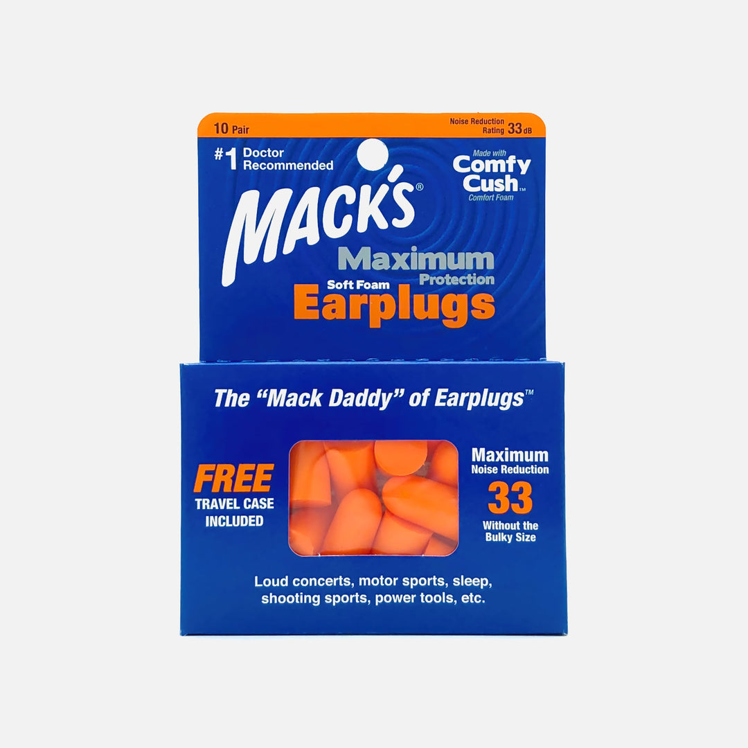 Mack's Maximum Protection Soft Foam Earplugs 10 pairs, 33dB NRR, with a free travel case for noise reduction and comfort.