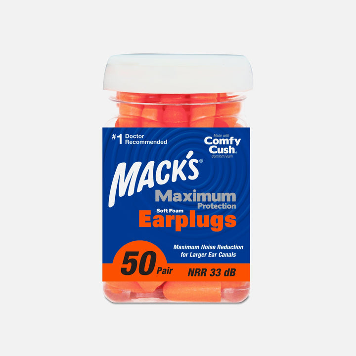 Orange Mack's Maximum Protection Soft Foam Earplugs 50 pairs, 33dB NRR, designed for larger ear canals.