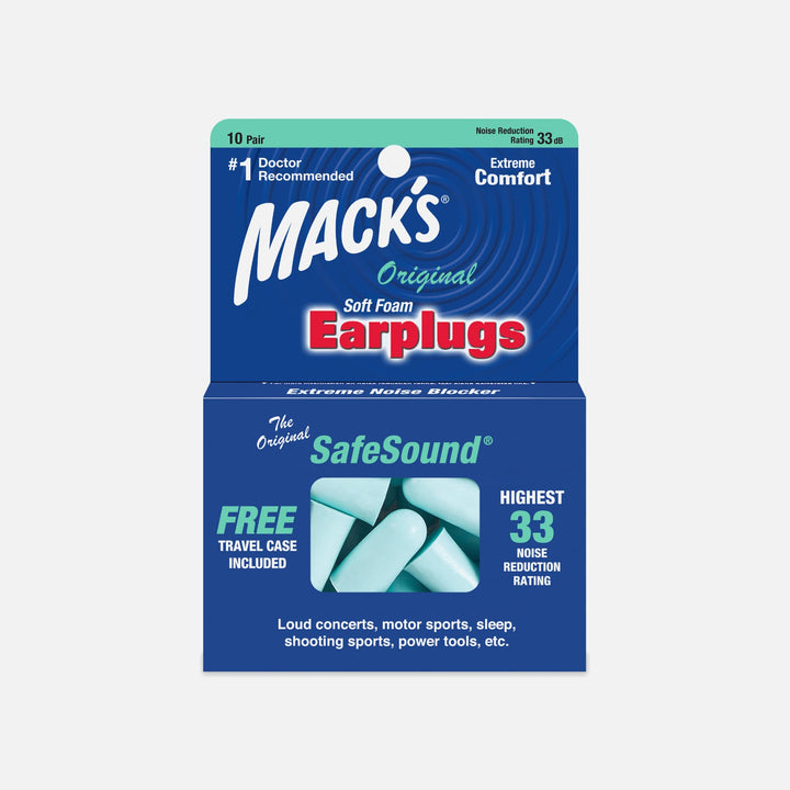 Mack's Original Soft Foam Earplugs, 10 pairs with free travel case, teal color, NRR 33 dB, extreme comfort and noise blocking.