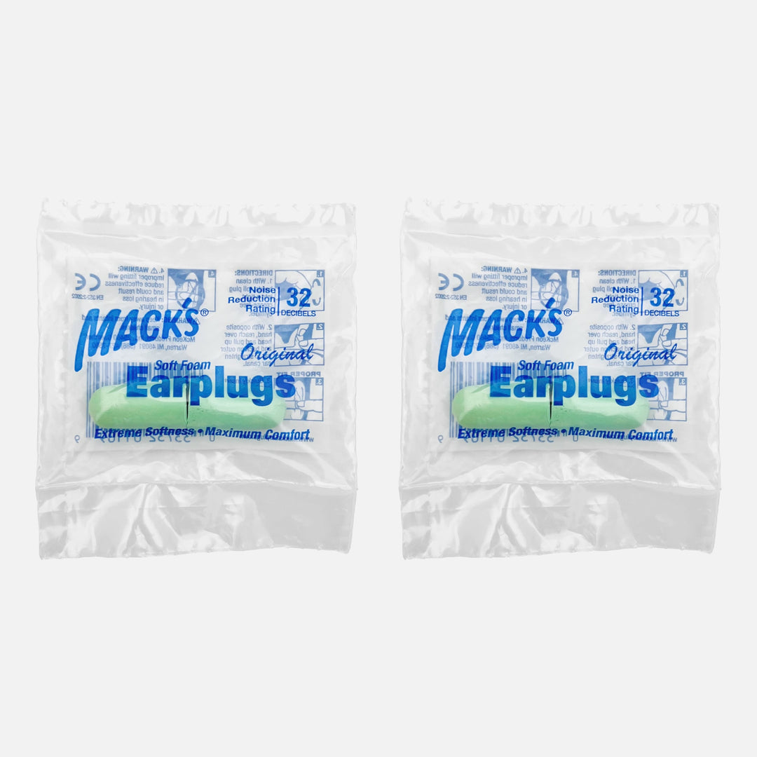 Mack's Original Soft Foam Earplugs, 2-pair trial pack, individually wrapped, NRR 32 dB, soft and comfortable hearing protection.