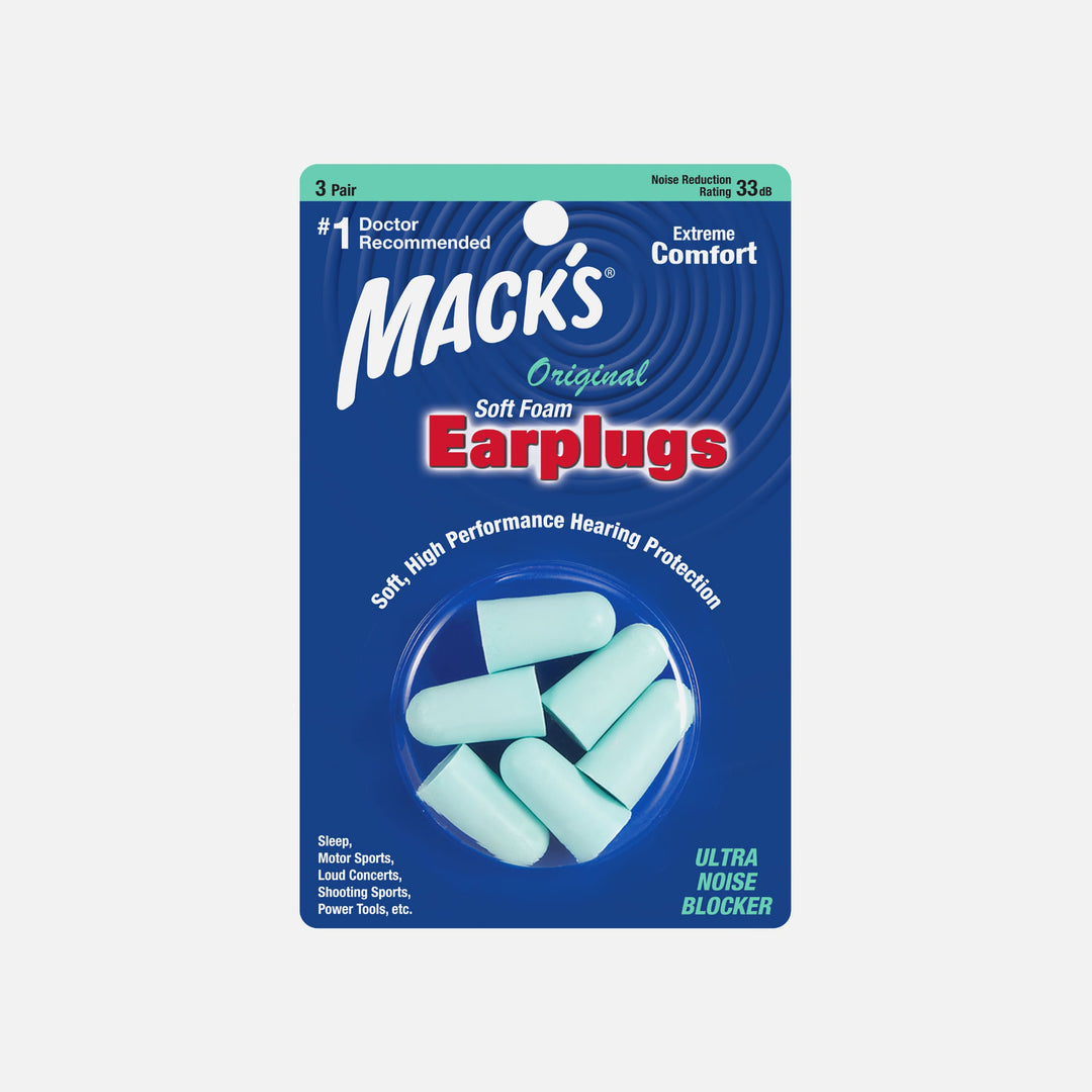 Mack's Original Soft Foam Earplugs, 3 pairs, teal color, NRR 33 dB, ultra noise blocker for comfort and hearing protection.