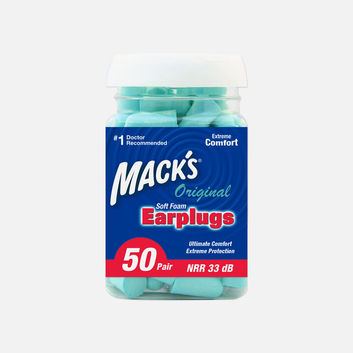 Mack's Original Soft Foam Earplugs, 50 pairs, teal color, NRR 33 dB, ultimate comfort and noise protection.