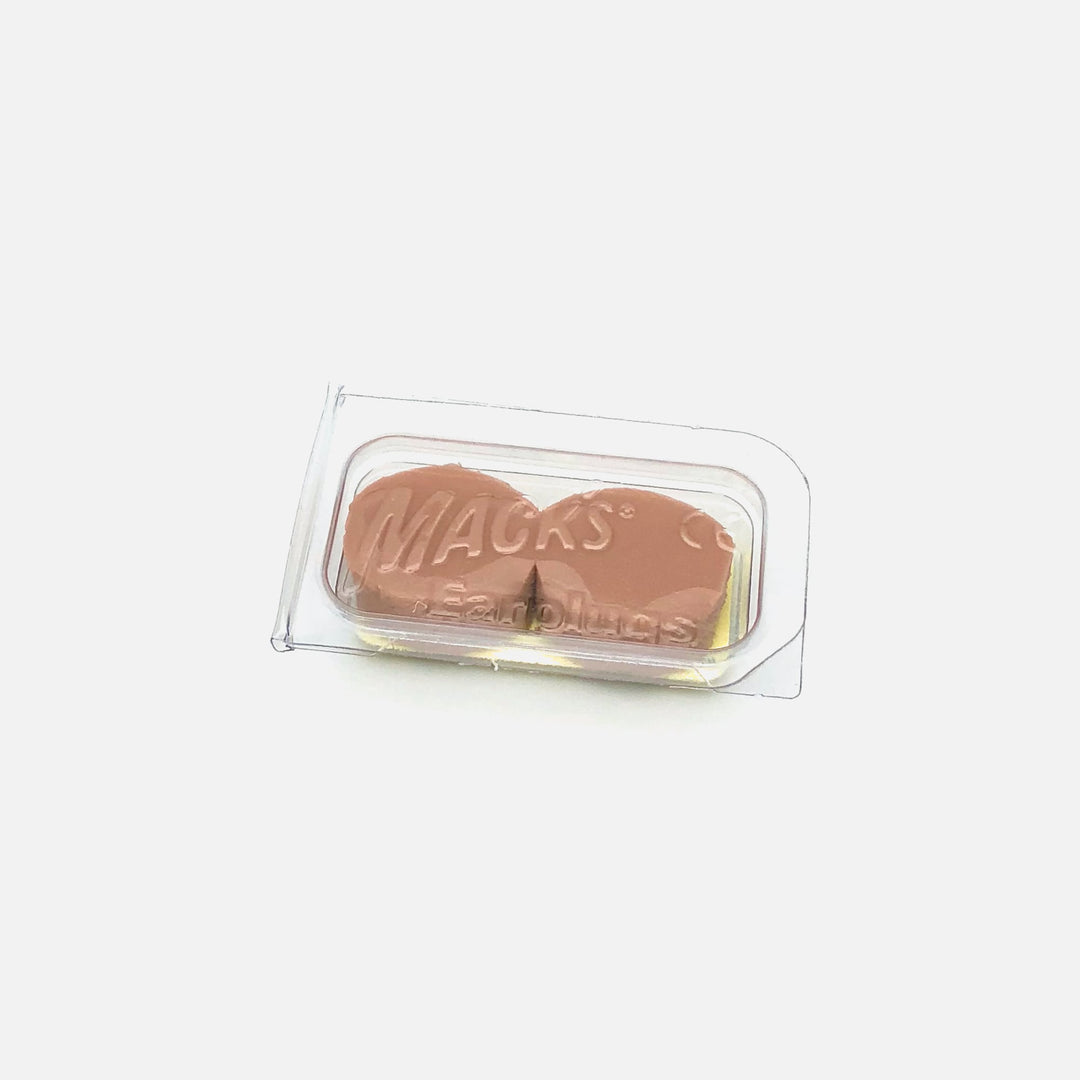 Mack's Pillow Soft Silicone Earplugs, 1 Pair Trial Pack, beige, shown in a clear storage case.