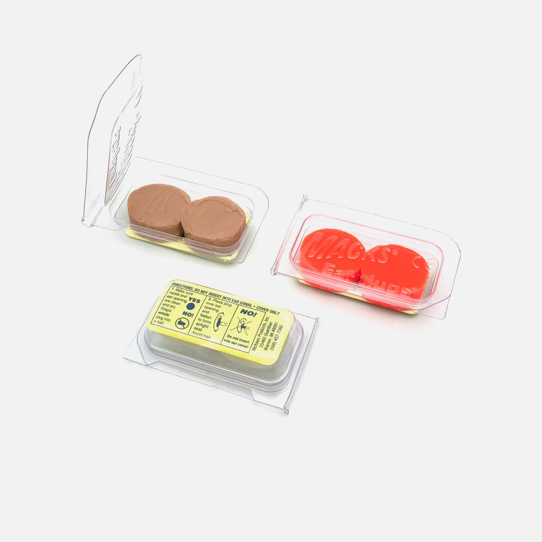 Mack's Silicone Earplugs 1 Pair Trial Packs in beige, orange, and white, shown with packaging and usage instructions.