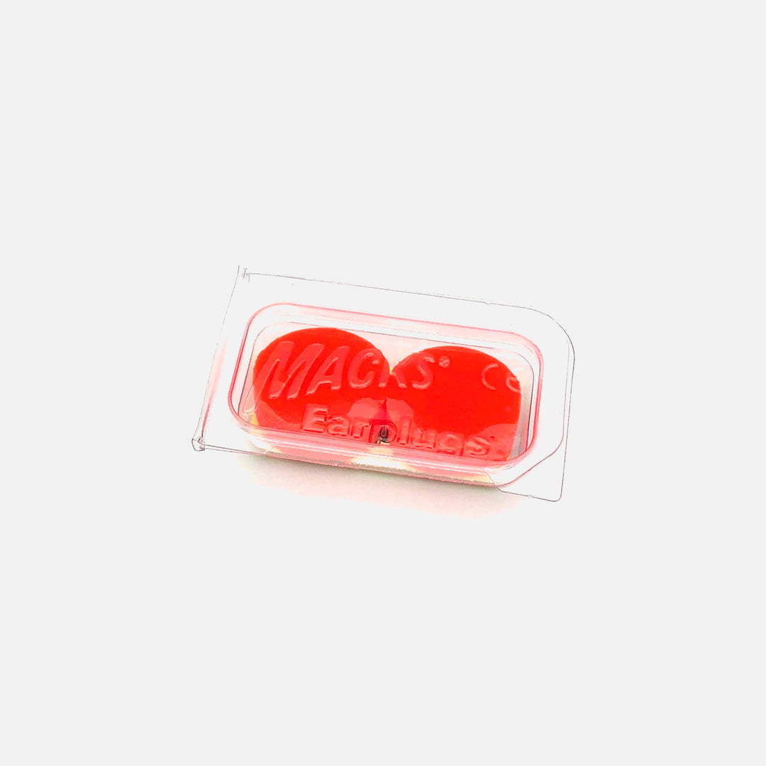 Mack's Pillow Soft Silicone Earplugs, 1 Pair Trial Pack, orange, shown in a clear storage case.