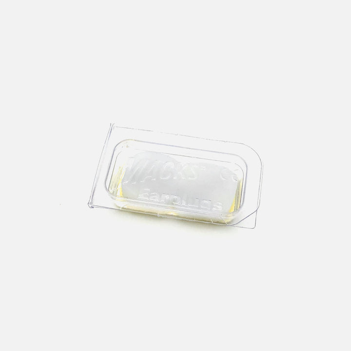 Mack's Pillow Soft Silicone Earplugs, 1 Pair Trial Pack, white, shown in a clear storage case.