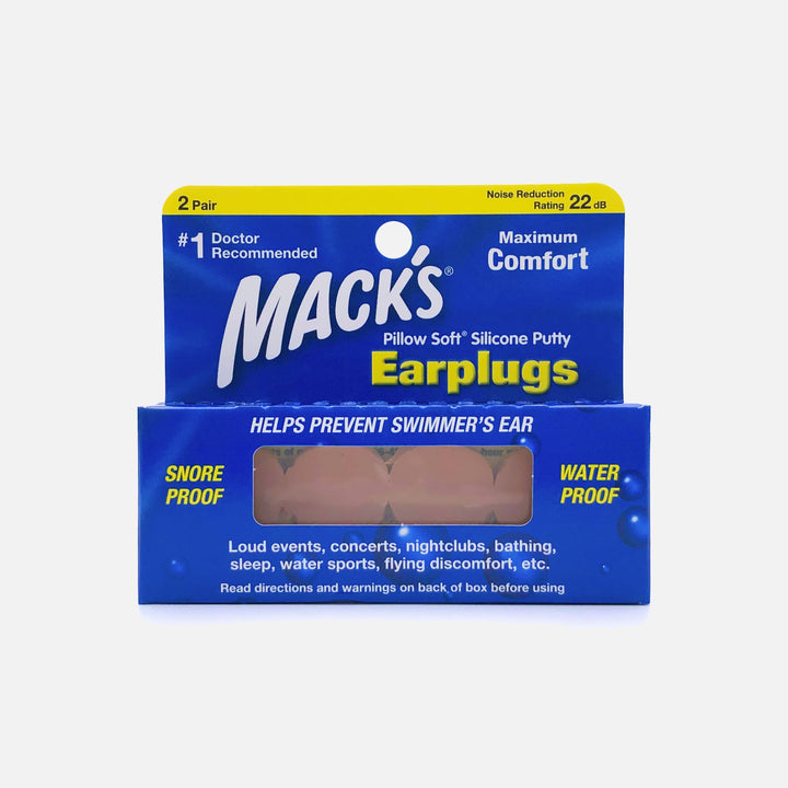 Mack's Pillow Soft Silicone Earplugs, 2 Pair Value Pack, snore-proof and waterproof, ideal for swimming and sleeping.