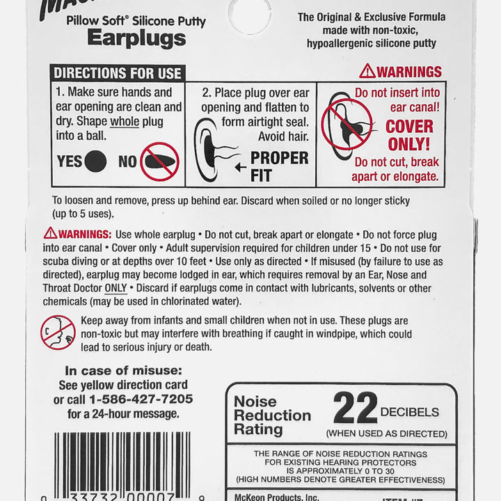 Instructions and warnings for Mack's Silicone Earplugs, detailing proper usage, precautions, and noise reduction rating of 22 decibels.