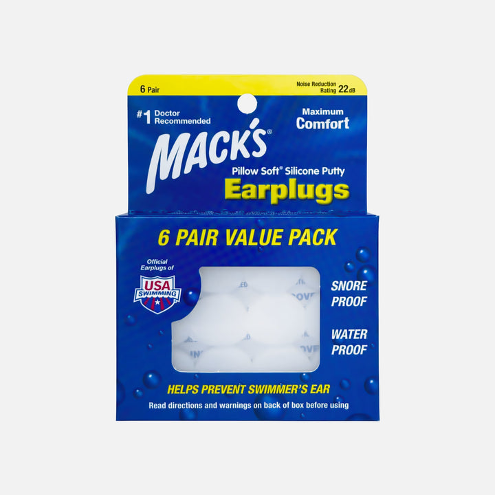 Mack's Pillow Soft Silicone Earplugs 6 Pair Value Pack, snore-proof and waterproof, ideal for swimming and sleeping.