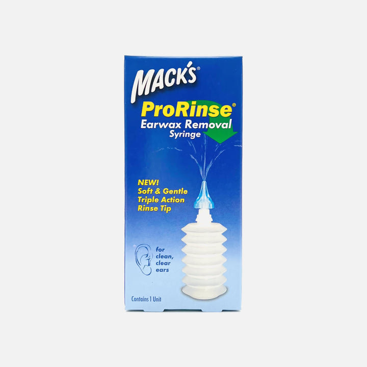 Front packaging of Mack's ProRinse Earwax Removal Syringe showing tri-stream tip and product features