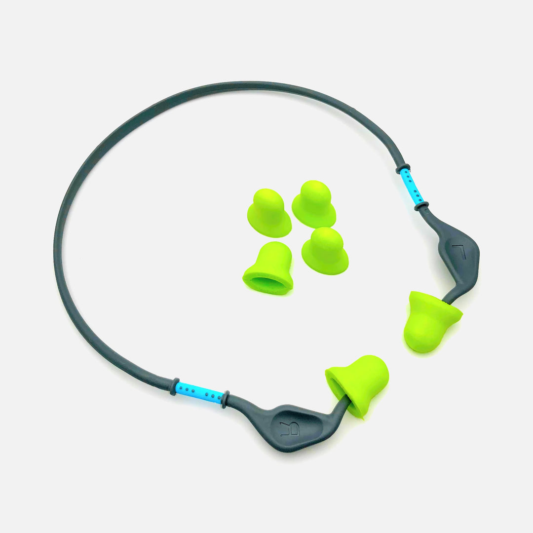 Mack's Hi Viz Banded Foam Earplugs with fluorescent yellow-green plugs, flexible band, and extra replacement ear tips.