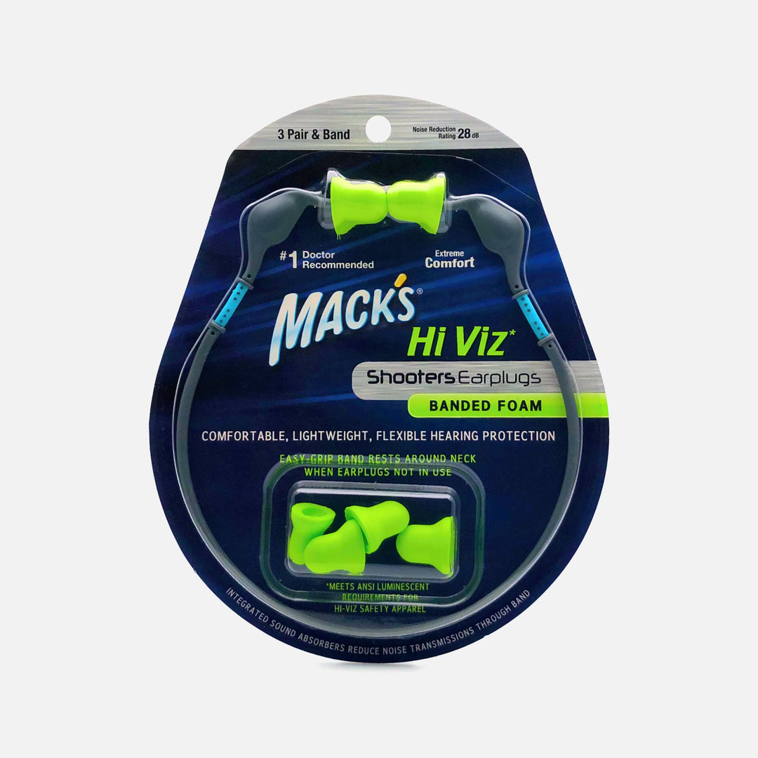 Mack's Hi Viz Banded Foam Earplugs with fluorescent yellow-green design for hearing protection, 3 pairs with flexible band packaging.