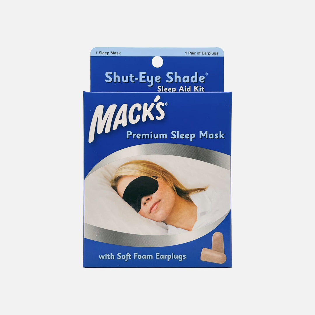 Mack's Shut-Eye Shade Premium Sleep Mask with Soft Foam Earplugs in retail packaging.