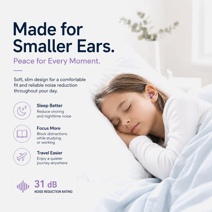 Person sleeping with purple foam earplug, smaller ears ad showing 31 dB noise reduction rating