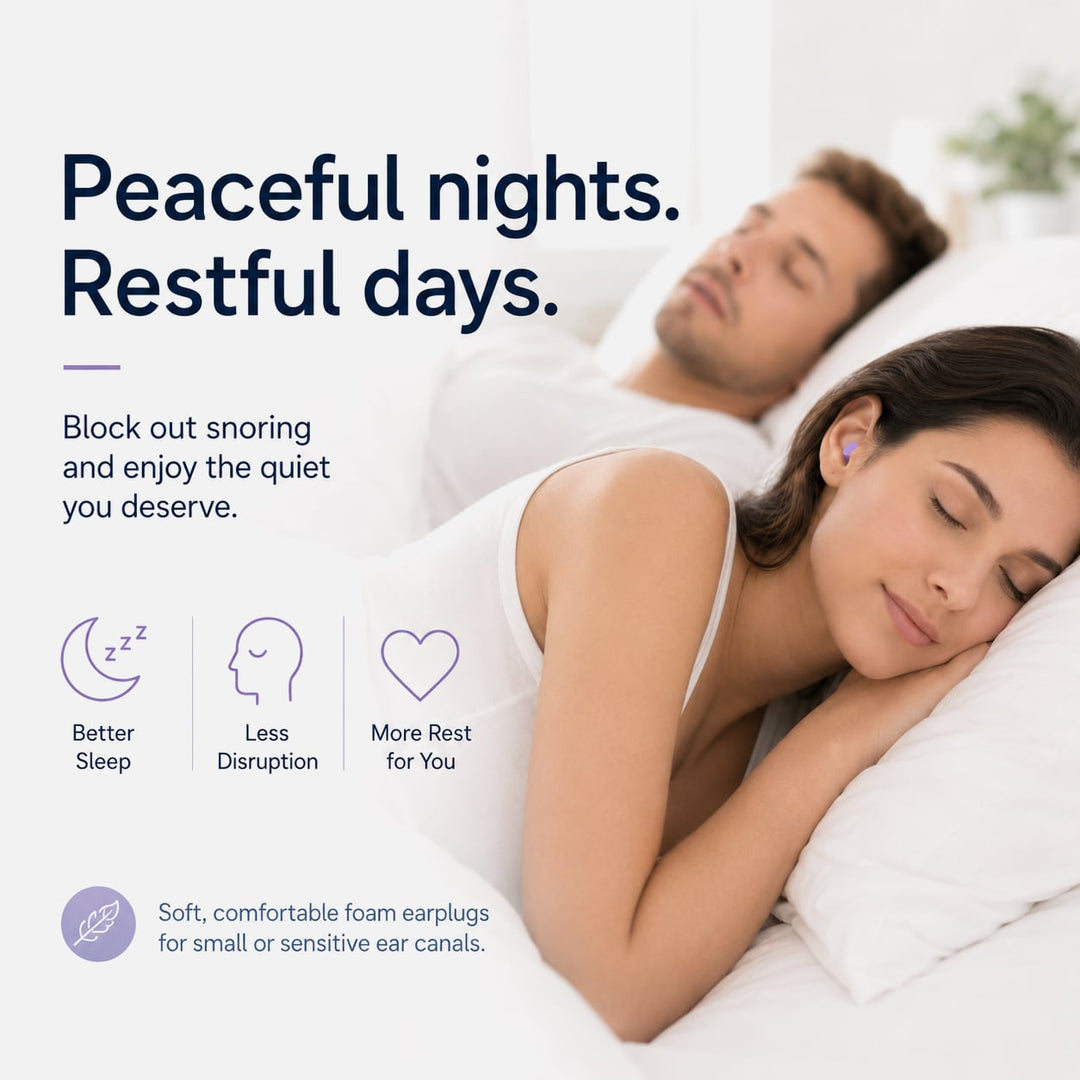 Woman sleeping with purple foam earplug beside partner, showing soft earplugs for snoring noise