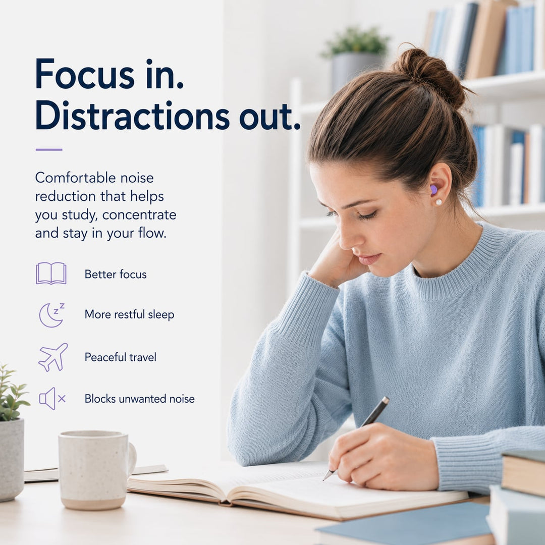 Woman studying while wearing a purple foam earplug, showing focus and noise reduction benefits