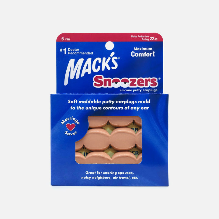 Mack's Snoozers silicone putty earplugs 6 pair pack, beige moldable ear plugs for sleeping and snoring, NRR 22 dB noise reduction