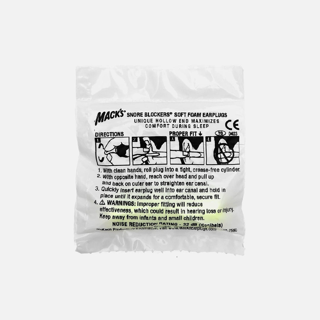Mack's Snore Blockers soft foam earplugs 1 pair in sealed polybag, bright green design with usage instructions for noise reduction