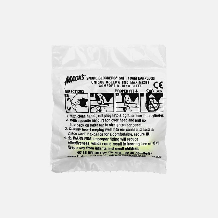 Mack's Snore Blockers soft foam earplugs 1 pair in sealed polybag, bright green design with usage instructions for noise reduction
