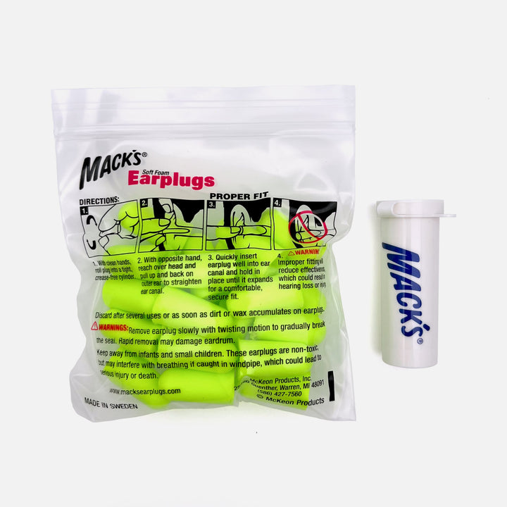 Mack's Snore Blockers soft foam earplugs 12 pairs in inner bag with travel case, bright green design for noise reduction and comfort