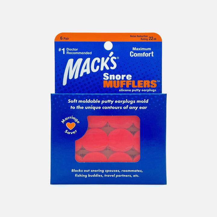 Mack's Snore Mufflers silicone putty earplugs 6-pair pack, front packaging showing soft moldable red silicone design