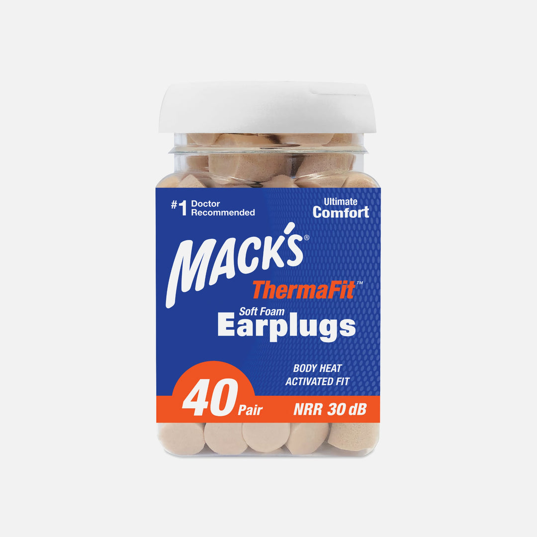 Mack's ThermaFit Soft Foam Earplugs, 40 pairs, body-heat activated fit, NRR 30 dB, made in USA for comfort and protection