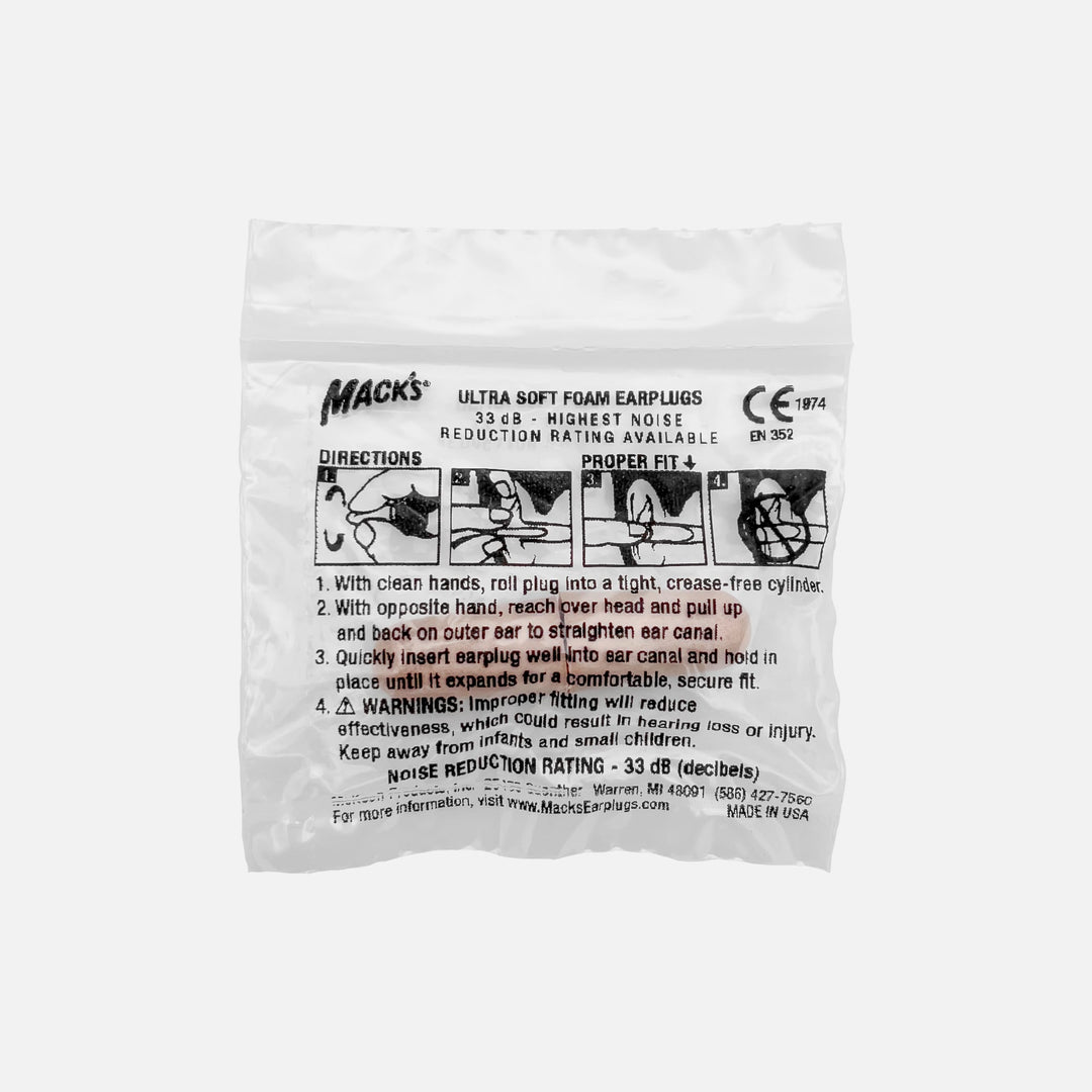 Mack's Ultra Soft Foam Earplugs 1 Pair with usage instructions and fitting guide printed on packaging