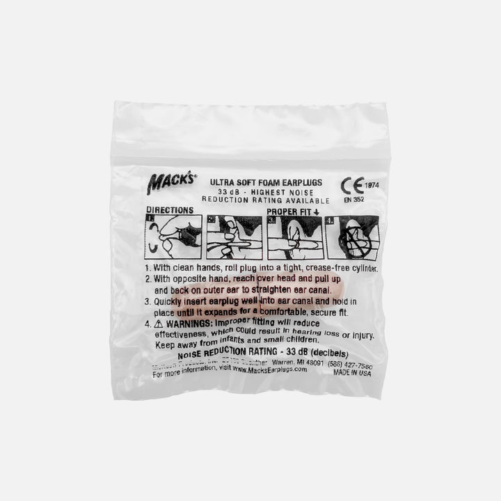 Mack's Ultra Soft Foam Earplugs 1 Pair with usage instructions and fitting guide printed on packaging