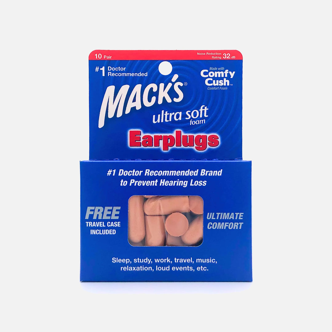 Mack's Ultra Soft Foam Earplugs 10 Pair pack with free travel case for noise reduction and comfort