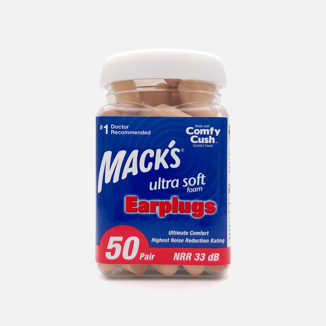 Mack's Ultra Soft Foam Earplugs 50 Pair with NRR 33dB in a clear bottle for noise reduction and comfort
